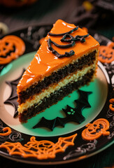 Close-up detail with a macro lens of one section. A slice of layer cake on a plate is decorated aesthetically and luxuriously. Use Halloween colors for the layer cake.