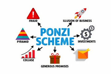 Ponzi Scheme Concept. Illustrated chart with icons and keywords on a white background.