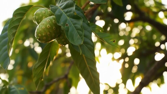 close-up of a noni tree with green fruit in golden sunlight