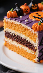 Close-up detail with a macro lens of one section. A slice of layer cake on a plate is decorated aesthetically and luxuriously. Use Halloween colors for the layer cake.