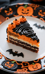 Close-up detail with a macro lens of one section. A slice of layer cake on a plate is decorated aesthetically and luxuriously. Use Halloween colors for the layer cake.