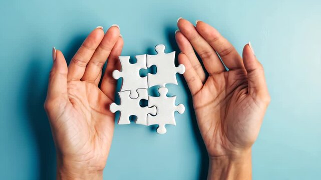 Collaboration and Connection: Two hands gently cradle and connect four interlocking puzzle pieces, symbolizing unity, problem-solving.