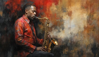 African American man plays golden saxophone in abstract oil painting style. Rich textures with red, black, gold colors. Evokes jazz, blues, soulful music. Perfect for music events, decor, jazz clubs.