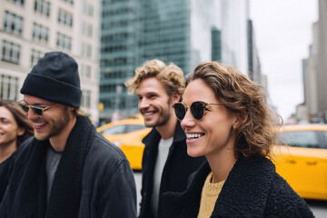Stylish group strolling confidently in a bustling city. Captures joy, friendship, and urban living. Perfect for travel, lifestyle, or aspirational content.