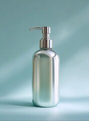 Silver pump bottle, minimalist studio shot, teal background, sunlight, hygiene product mockup