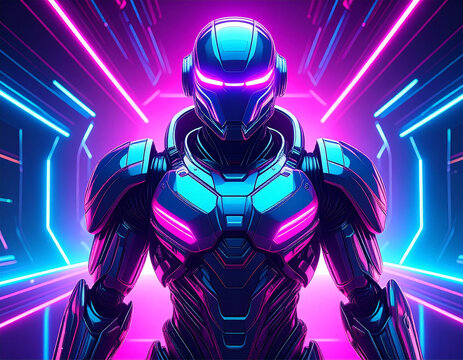 Sci-fi robot in abstract neon environment, metallic textures, blue and pink reflections, stylized and symmetrical composition, concept art for futuristic AI, no human features