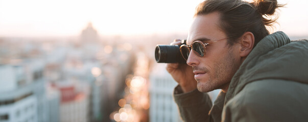 Stylish man with camera observes cityscape at sunset. Adventure, travel, inspiration, urban exploration concept. Suitable for travel blogs, or lifestyle articles.