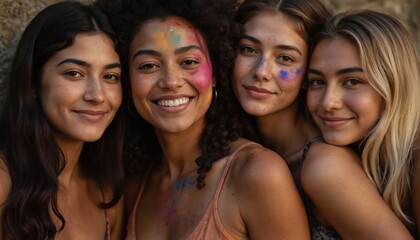 Four diverse women with colorful face paint smile warmly. They represent inclusivity, creativity, empowerment in art, culture industry, celebrating International Women Day with joyful expressions.