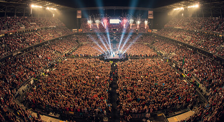 Epic Live Concert in a Packed Stadium with Dramatic Stage Lights