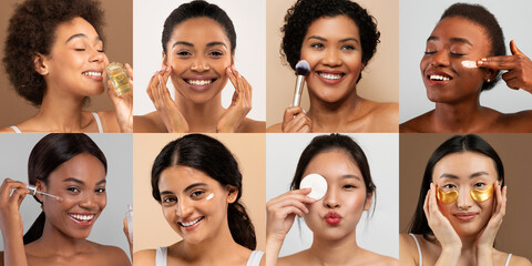 Obraz premium This collage showcases diverse women engaging in various skin care routines at home, highlighting the joy and relaxation of self-pampering moments. Each activity reflects personal beauty care.