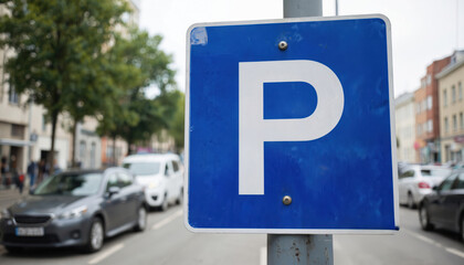 Blue metal parking sign with white letter P on urban street. Blurred cars and buildings in background. Street traffic scene, transportation, traffic control.