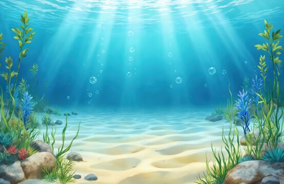 Underwater scene features sandy ocean floor with aquatic plants, rocks, rising bubbles. Sun rays penetrate blue water, illuminating seaweed, seabed. Calm marine environment suitable for nature game