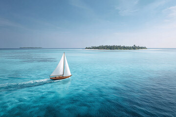 Obraz premium Serene seascape featuring a sailboat gracefully sailing on turquoise waters towards a distant tropical island. Evokes freedom, travel, and tranquil escape.