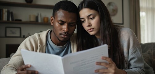Young African American couple reviews important documents together indoors. Look serious, focused, concerned about finances, bills, budgets, engaging in teamwork, discussion. Scene captures moment of