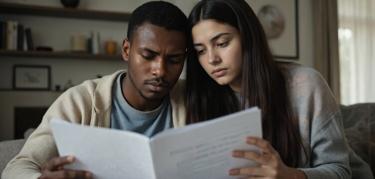 Young African American couple reviews important documents together indoors. Look serious, focused, concerned about finances, bills, budgets, engaging in teamwork, discussion. Scene captures moment of - Powered by Adobe