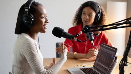 Two Women Recording a Podcast in a Home Studio