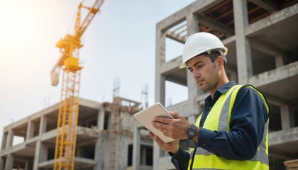 Male engineer in hard hat, safety vest uses digital tablet at construction site. He is focused on his work, planning building progress. Crane, unfinished building structures are visible in background.
