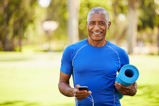 Smiling Senior Man with Yoga Mat and Smartphone in Park