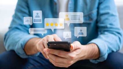 Online customer satisfaction Survey service concept, client rate service from experience in application,Consumer give five-Stars and feedback review for quality, Business reputation ranking from buyer