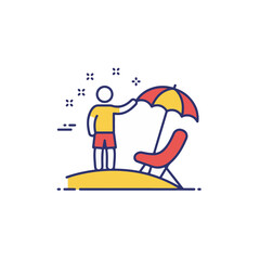 Playful person enjoying summer sun while standing under colorful umbrella beside a vibrant beach chair on a sunny day, vacation concept of travel agency or resort