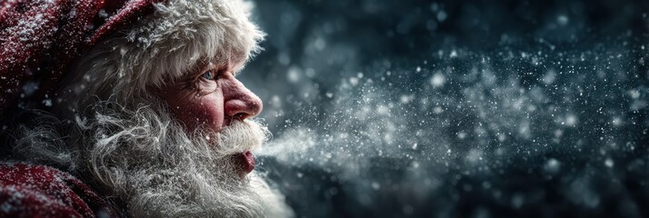 Santa Claus breathes out clouds of frosty air while surrounded by falling snowflakes in a winter wonderland