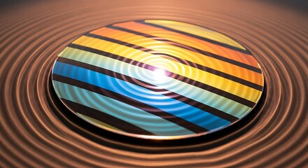 Vibrant striped sphere centered on a textured background with ripple effect