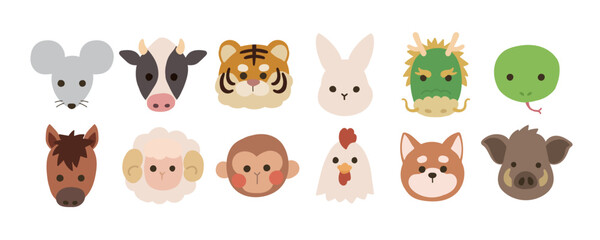干支の動物アイコンセット（顔のみ・十二支）