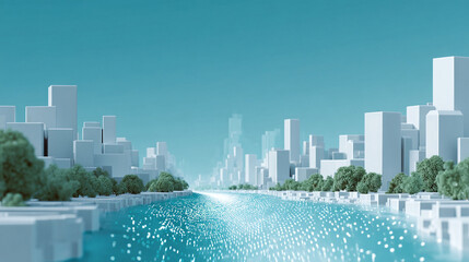 Fototapeta premium Abstract cityscape with clean lines and a futuristic aesthetic. Light reflecting river flows. Perfect for tech, finance, or innovation concepts. Modern, serene.