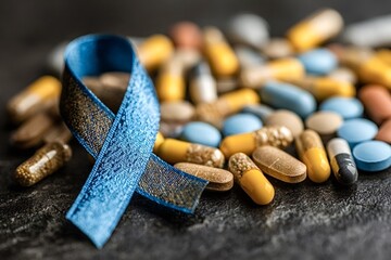 Blue and gold awareness ribbon lying on a pile of assorted pills representing prostate cancer treatment and prevention during prostate cancer awareness month