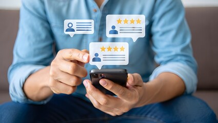 Online customer satisfaction Survey service concept, client rate service from experience in application,Consumer give five-Stars and feedback review for quality, Business reputation ranking from buyer