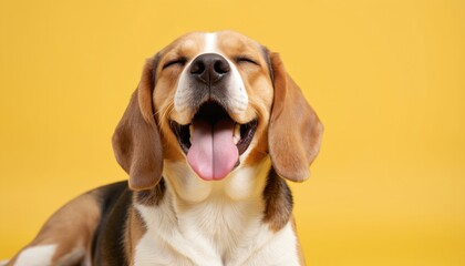 Happy beagle dog lies on yellow background, smiling with eyes closed, tongue out. Adorable puppy expresses pure joy, relaxation. This cheerful pet portrait captures moment of bliss, contentment.