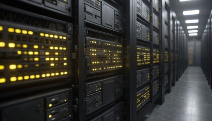 Server room filled with rows of computer hardware. Racks of servers display active yellow LED lights, indicating operation. Modern data center infrastructure, computing power, digital information