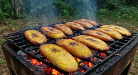 Grilled plantains sizzling on a charcoal grill surrounded by lush greenery, showcasing a vibrant outdoor cooking scene in a tropical setting
