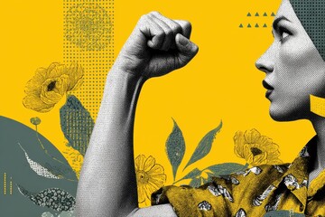Raised fist with floral accents and geometric shapes in a colorful collage design evoking themes of empowerment and artistic expression