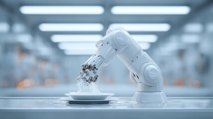 Futuristic scene featuring a robotic arm delicately pouring water into a bowl. Symbolizes automation, technology, precision, and the future of food production.