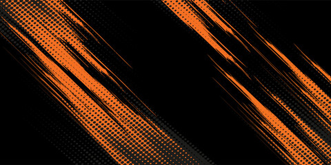 Halftone faded gradient texture with grunge brush strokes. Orange and black banner with grunge frame and dotted texture