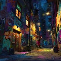 Fototapeta premium Nighttime urban alleyway, graffiti art, city, vibrant, mysterious, cinematic background, poster