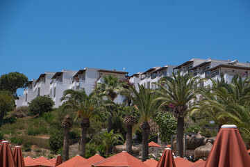 Fototapeta premium Beautiful seaside resort with white buildings and palm trees under clear blue sky
