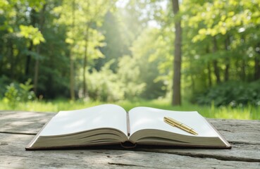Open journal and pen on wooden table in nature. Lush green plants and sunlight create serene atmosphere for writing, reflection, mindfulness. Supports Mental Health Awareness Month theme.
