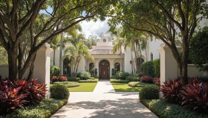 Grand entrance path leads to Mediterranean style house in Coral Gables, Miami. Rich landscaping with tropical plants, palm trees frames property. Beautiful architecture with arched doorway, tiled