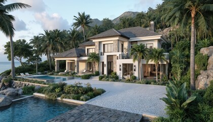 Luxurious villa rests on cliffside overlooking blue ocean. Infinity pool glistens in tropical gardens. Modern architecture, pebble driveway leads to elegant estate perfect for vacation resort living.
