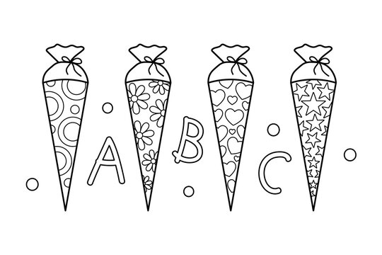 school cones coloring book, firtst day of school in Germany, zuckertute vector illustration