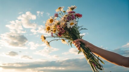 Hand Holding a Bouquet of Daisies Against a Clear Sky
Beautiful Spring Bouquet on a Sunny Day
Vibrant Wildflowers Held Against a Blue Sky
Celebrating Nature's Beauty with a Fresh Flower Arrangement