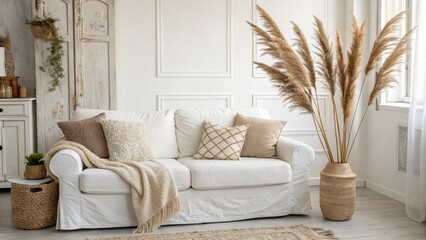 Minimalist Living Room with a White Sofa
Cozy Interior with a Bohemian and Scandinavian Vibe
Stylish Home Decor with Pampas Grass and Neutral Pillows
Serene and Bright Living Space with a White Couch