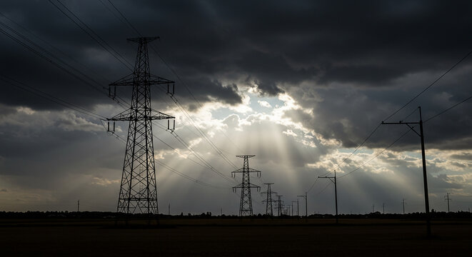 Dramatic Sun Rays Break Through Storm Clouds Over Electricity Pylons