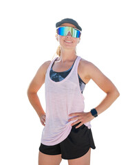 Active woman poses confidently in vibrant athletic wear