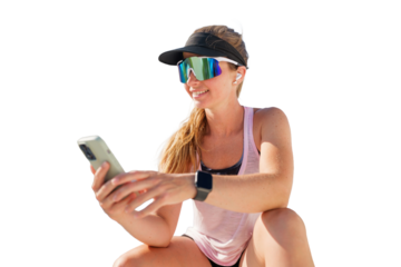 Active woman enjoying music while exercising, transparent background.