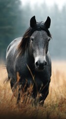 Obraz premium Majestic black horse walking through a misty field at dawn surrounded by tall grass and trees