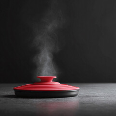 Elegant cookware lid with rising steam against a dark backdrop. Evokes feelings of warmth, freshness, and anticipation. Perfect for food blogs, culinary ads, or home decor visuals.