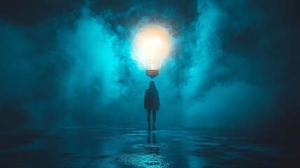 Fototapeta premium Silhouette Of A Person Near A Luminous Bulb In A Misty Night